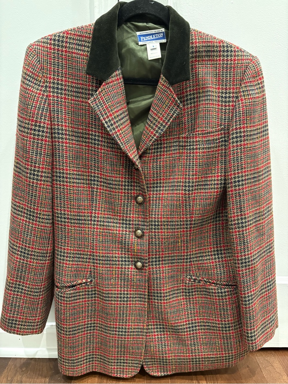Vintage Pendleton Wool Blazer Velvet Collar Houndstooth Academia Equestrian 6